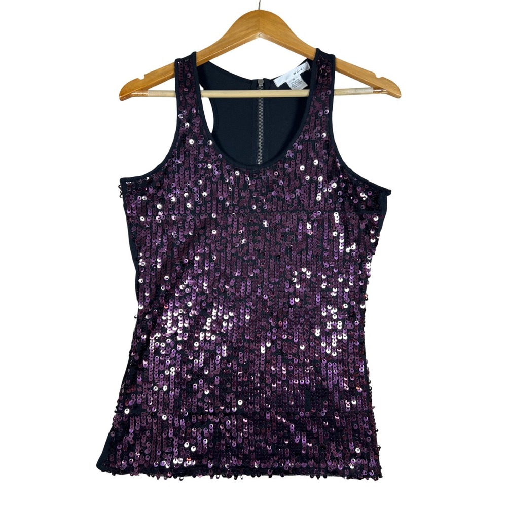 RETRO Small Purple SEQUIN Tank Top Sleeveless Party Club Racerback Full Zip GLAM